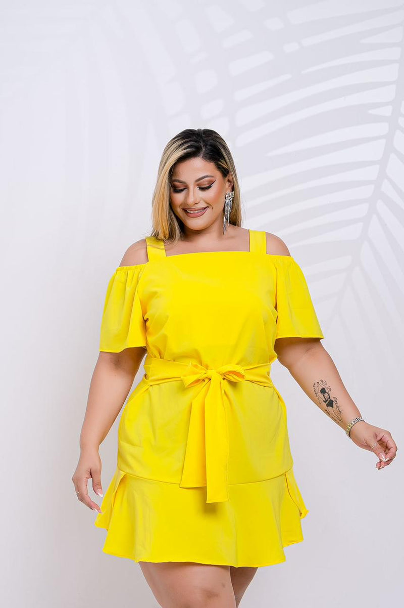 Vestido Curto de Amarrar na Frente Amarelo