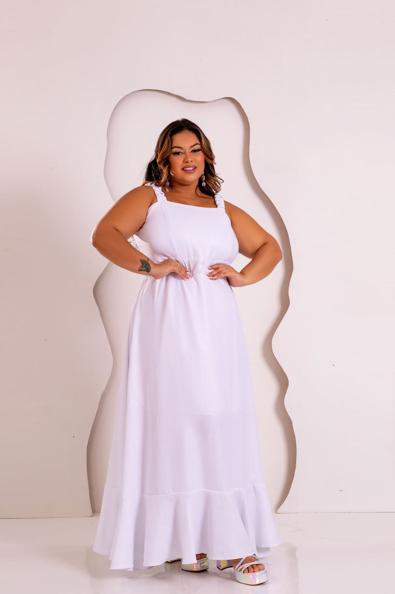 Vestido Alça Larga Tecido Lurex Luxo Branco